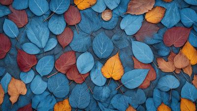 The primary subject of the image is a large pile of leaves, predominantly red and yellow, scattered across a blue surface. The leaves are arranged in various shapes and sizes, creating a visually appealing and vibrant scene. The setting appears to be a natural environment, possibly a forest or a park, where the leaves have fallen and are now covering the ground. The visual style of the image is a close-up of the leaves, emphasizing their colors and textures. The overall atmosphere of the image is lively and