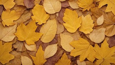 The primary subject of the image is a pile of yellow leaves scattered on the ground. The setting is outdoors, with the leaves covering the ground, creating a natural and autumnal atmosphere. The visual style is a close-up of the leaves, showcasing their texture and details. The colors and mood of the image are predominantly yellow, which is associated with warmth, comfort, and the changing seasons.
