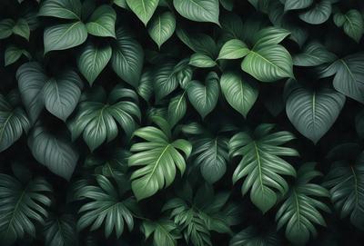 The primary subject of the image is a dense forest of green leaves, creating a lush and vibrant scene. The leaves are arranged in a pattern, giving the impression of a leafy wall. The setting is a forest, with the leaves covering the entire frame, creating a sense of depth and enveloping the viewer. The visual style is a close-up of the leaves, emphasizing their intricate details and textures. The colors and mood of the image are predominantly green, conveying a sense of