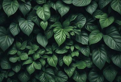 The primary subject of the image is a large green plant with many leaves. The plant is growing on a wall, creating a dense and lush greenery. The setting is an outdoor environment, with the plant taking up a significant portion of the scene. The visual style is a close-up of the plant, showcasing its intricate details. The colors and mood of the image are predominantly green, giving a sense of freshness and vitality.