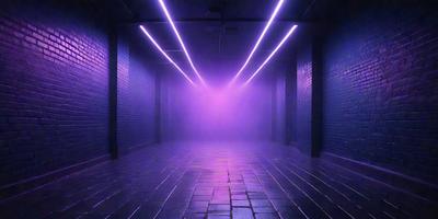 The primary subject of the image is a purple light that is illuminating a dark room. The setting is a dark room with a brick wall, and the visual style appears to be a photo. The dominant colors in the image are purple and black, creating a moody atmosphere.