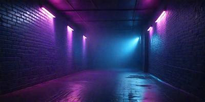 The primary subject of the image is a long, dark hallway with a purple glow. The setting is a brick-walled tunnel, and the visual style is a photo. The dominant colors are purple and blue, creating a moody and mysterious atmosphere.