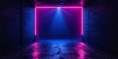 The primary subject of the image is a brightly lit tunnel with a blue and pink neon light illuminating the space. The setting is a dark room with a brick wall, and the visual style appears to be a digital art or illustration. The dominant colors in the image are blue and pink, creating a vibrant and energetic atmosphere.