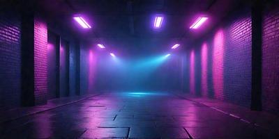 The primary subject of the image is a long, narrow, and dark tunnel with a purple glow. The setting is a tunnel with a brick wall, and the visual style is a photo. The dominant colors are purple and black, creating a moody and mysterious atmosphere.