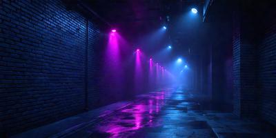 The primary subject of the image is a long, narrow, and dark tunnel with a purple glow. The setting is a brick wall, and the visual style appears to be a photo. The dominant colors are purple and blue, creating a moody and atmospheric ambiance.