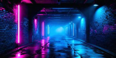 The primary subject of the image is a long, narrow tunnel with a blue light illuminating it. The setting is a dark, underground passage, and the visual style is a combination of a photo and digital art. The dominant colors are blue and purple, creating a moody and atmospheric ambiance.