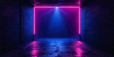 The primary subject of the image is a brightly lit tunnel with a blue and pink neon light illuminating the space. The setting is a dark room with a brick wall, and the visual style appears to be a digital art or illustration. The dominant colors in the image are blue and pink, creating a vibrant and energetic atmosphere.