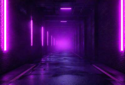 The primary subject of the image is a purple hallway with a wet floor. The setting is a dark, narrow passage with a brick wall. The visual style is a digital art or illustration, creating a moody and atmospheric scene. The dominant colors are purple and black, giving the hallway a mysterious and dramatic appearance.