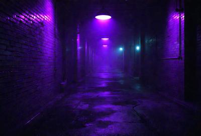 The image features a purple hallway with a wet floor. The hallway is illuminated by purple lights, creating a unique atmosphere. The setting appears to be a tunnel or a narrow passage, with a brick wall on one side. The visual style of the image is a combination of photo and digital art, giving it a surreal and artistic appearance. The dominant colors in the scene are purple and black, which contribute to the overall mood of the image.