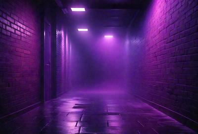 The primary subject of the image is a purple hallway with a brick wall. The setting is a dark, purple-lit hallway, which gives the scene a mysterious and eerie atmosphere. The visual style is a photo, capturing the purple lighting and the brick wall. The colors and mood of the image are dominated by the purple lighting and the dark, moody ambiance.