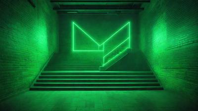 The primary subject of the image is a green staircase with a green light illuminating it. The setting is a dark room, and the visual style appears to be a combination of a photo and digital art. The colors and mood of the image are predominantly green, creating a calm and serene atmosphere.