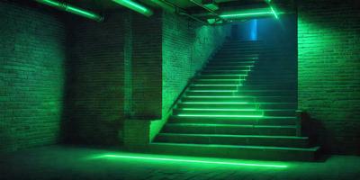 The primary subject of the image is a set of stairs with a green light illuminating them. The setting is a brick building, and the visual style appears to be a photo. The dominant colors are green and blue, creating a unique and captivating atmosphere.