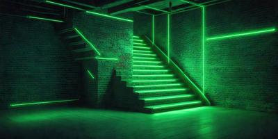 The primary subject of the image is a set of green stairs with a brick wall in the background. The setting appears to be a dark room with a green glow, creating a unique and atmospheric environment. The visual style of the image is a combination of digital art and illustration, with the stairs and brick wall being digitally rendered. The colors and mood of the image are predominantly green, giving it a futuristic and surreal appearance.
