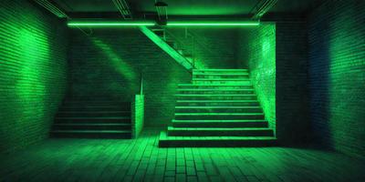 The primary subject of the image is a set of stairs with a green glow. The setting is a dark room with a brick wall, and the visual style appears to be a digital art or illustration. The dominant colors are green and black, creating a moody atmosphere.