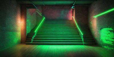 The primary subject of the image is a set of stairs with a green light illuminating them. The setting is a brick building, and the visual style appears to be a photo. The colors and mood of the image are predominantly green, creating a unique and captivating atmosphere.