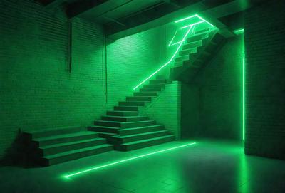 The primary subject of the image is a set of stairs with a green light illuminating them. The setting is a room with a brick wall, and the visual style appears to be a photo. The colors and mood of the image are predominantly green, creating a unique and captivating atmosphere.