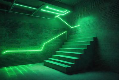 The primary subject of the image is a set of stairs with a green light illuminating them. The setting is a dark room with a brick wall, and the visual style appears to be a digital art or illustration. The colors and mood of the image are predominantly green, creating a unique and captivating atmosphere.