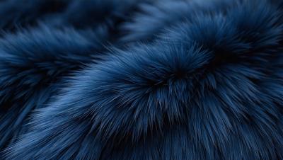 The primary subject of the image is a blue, furry, and fuzzy object that appears to be a piece of clothing or a textured surface. The setting is a dark blue background, which contrasts with the blue furry object. The visual style of the image is a close-up of the blue furry object, showcasing its texture and details. The colors and mood of the image are predominantly dark blue, creating a moody and mysterious atmosphere.