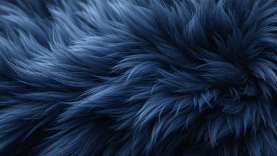 The primary subject of the image is a blue, furry object that appears to be a piece of clothing or a decorative item. The setting is a dark background, which contrasts with the blue fur. The visual style is a close-up of the blue fur, showcasing its texture and details. The colors and mood of the image are predominantly blue, creating a calm and serene atmosphere.