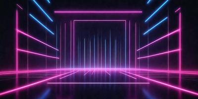 The primary subject of the image is a large, open room with a pink and blue neon light background. The setting appears to be a futuristic or futuristic-themed environment. The visual style of the image is a combination of photo and digital art, creating a unique and captivating atmosphere. The dominant colors in the image are pink and blue, which contribute to the futuristic and futuristic-themed environment.