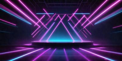 The primary subject of the image is a stage with a purple and pink light show. The stage is illuminated with a combination of purple and pink neon lights, creating a vibrant and colorful atmosphere. The setting is a dark room, which contrasts with the bright lights, emphasizing the stage as the focal point. The visual style of the image is a digital art or illustration, showcasing the creativity and artistic expression in the design of the stage. The colors and mood of