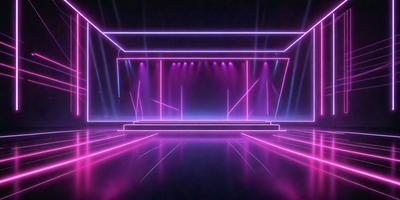 The primary subject of the image is a stage with a purple light show. The stage is illuminated with a purple light, creating a visually striking scene. The setting is a darkened room, which further emphasizes the purple light show. The visual style of the image is a digital art or illustration, as it appears to be a computer-generated or hand-drawn representation of the stage. The colors and mood of the image are predominantly purple, creating a vibrant and energetic