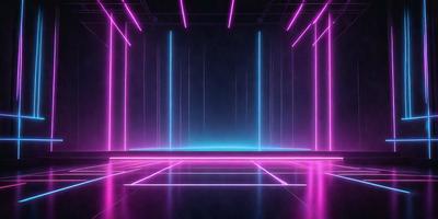 The primary subject of the image is a large, open room with a stage in the center. The room is filled with pink and blue neon lights, creating a vibrant and lively atmosphere. The setting is a futuristic, high-tech environment, likely a concert venue or a similar space. The visual style of the image is a combination of digital art and illustration, with the neon lights adding a unique and eye-catching element to the scene. The colors and mood of the image are energet