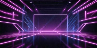 The primary subject of the image is a large, purple, neon-lit square. The setting is a dark room with a purple background, creating a dramatic and futuristic atmosphere. The visual style is a combination of digital art and illustration, with the purple square being the focal point. The colors and mood of the image are predominantly purple, creating a sense of mystery and intrigue.