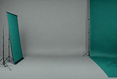 The primary subject of the image is a large white wall with a green background. The setting is a studio, and the visual style is a photo. The dominant colors are white and green, creating a clean and professional atmosphere.