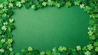 The primary subject of the image is a green background with a pattern of four-leaf clovers. The setting is a green surface, possibly a wall or a piece of paper, with the clovers arranged in a visually appealing manner. The visual style is a combination of a photo and a digital art, as the clovers are arranged in a way that resembles a painting or a drawing. The colors and mood of the image are predominantly green, which gives it a fresh and lively atmosphere.
