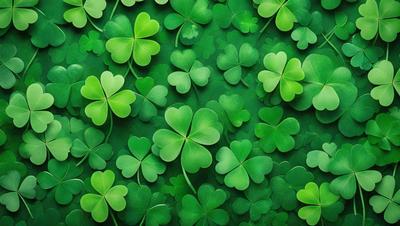 The primary subject of the image is a close-up of a green plant with four-leaf clovers. The plant is surrounded by a lush green background, creating a vibrant and natural atmosphere. The visual style of the image is a close-up, which emphasizes the details of the plant and its leaves. The colors and mood of the image are predominantly green, which is associated with growth, renewal, and freshness.