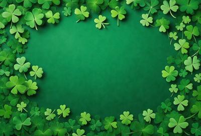 The primary subject of the image is a green background with a circle of four-leaf clovers. The setting is a green surface, and the visual style is a photo. The colors and mood of the image are predominantly green, with a lively and cheerful atmosphere.