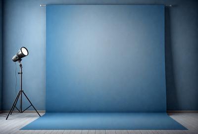 The primary subject of the image is a large blue screen, which is the main object in the scene. The setting is a room with a blue wall, and the visual style is a photo. The dominant colors in the image are blue and white, creating a calm and serene atmosphere.
