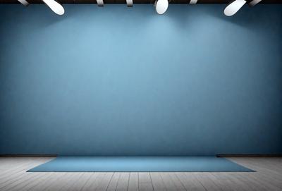 The primary subject of the image is a blue wall with a white floor. The setting is a room with a blue wall and a white floor. The visual style is a photo, and the colors and mood are predominantly blue and white.