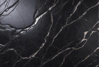 The primary subject of the image is a marble countertop with a black background. The countertop features a pattern of swirls and a shiny surface. The visual style of the image is a close-up of the marble countertop, showcasing its texture and design. The colors and mood of the image are predominantly black and shiny, giving it a sleek and modern appearance.