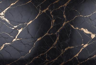 The primary subject of the image is a marble countertop with a gold-colored pattern. The setting is a kitchen, and the visual style is a close-up of the marble countertop. The colors and mood of the image are predominantly gold and black, creating a luxurious and elegant atmosphere.