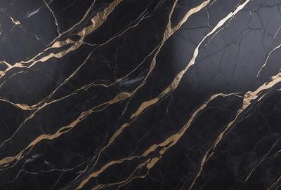 The primary subject of the image is a marble countertop with a gold-colored design. The setting is a kitchen, and the visual style is a close-up of the countertop. The colors and mood of the image are predominantly black and gold, creating a luxurious and elegant atmosphere.