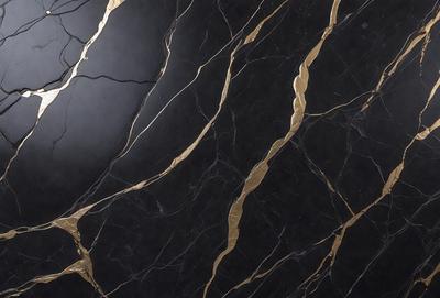 The primary subject of the image is a marble countertop with a gold-colored pattern. The setting is a kitchen, and the visual style is a close-up of the marble countertop. The colors and mood of the image are predominantly black and gold, giving it a luxurious and elegant appearance.