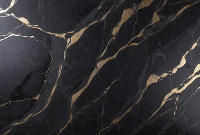 The primary subject of the image is a marble countertop with a gold pattern. The setting is a kitchen, and the visual style is a close-up of the marble countertop. The dominant colors are black and gold, creating a luxurious and elegant atmosphere.