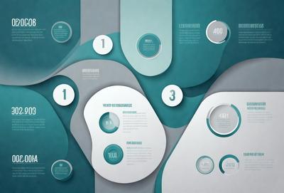 The primary subject of the image is a collection of circles and numbers arranged in a visually appealing manner. The setting is a white background, and the visual style appears to be a combination of digital art and illustration. The colors and mood of the image are predominantly blue and green, creating a calm and soothing atmosphere.