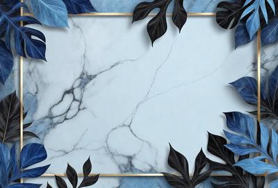The primary subject of the image is a marble table with a blue background. The table is adorned with a gold frame and features a marble surface. The setting is a room with a blue and white color scheme. The visual style is a combination of digital art and illustration, creating a unique and artistic presentation. The colors and mood of the image are predominantly blue and white, giving it a clean and elegant appearance.