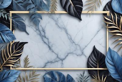 The primary subject of the image is a marble wall with a gold border. The setting is a room with a white marble wall, and the visual style is a combination of photo and digital art. The colors and mood of the image are predominantly white and gold, creating a luxurious and elegant atmosphere.
