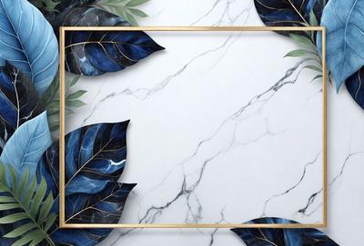 The primary subject of the image is a marble countertop with a gold frame. The setting is a white marble countertop, and the visual style is a combination of a photo and digital art. The colors and mood of the image are predominantly white and gold, creating a sophisticated and elegant atmosphere.