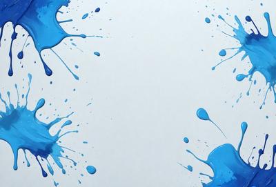 The primary subject of the image is a white wall with blue splashes of paint on it. The setting is a room with a white wall, and the visual style is a painting or drawing. The dominant colors are blue and white, creating a calm and serene atmosphere.