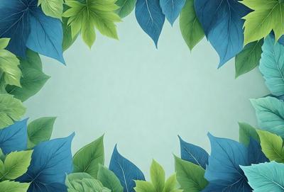 The primary subject of the image is a large, round, green leaf with a blue background. The leaf is surrounded by other green leaves, creating a visually appealing and natural scene. The visual style of the image is a combination of a photo and digital art, as it appears to be a close-up of a leaf with a blue background. The colors and mood of the image are predominantly green and blue, giving it a calm and serene atmosphere.