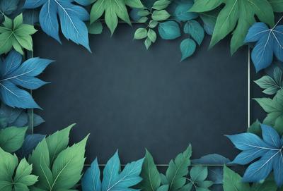 The primary subject of the image is a large, empty frame with a blue background. The setting is a leafy green background, which adds a natural and vibrant touch to the scene. The visual style is a combination of photo and digital art, creating a unique and eye-catching design. The colors and mood of the image are predominantly green, with a hint of blue, giving it a fresh and lively atmosphere.