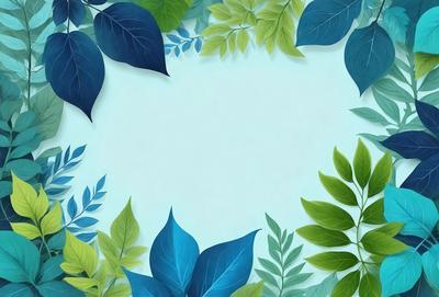 The primary subject of the image is a circle with a blue background. The circle is surrounded by various green leaves, creating a visually appealing and natural scene. The leaves are arranged in a way that they fill the entire circle, giving the impression of a leafy wreath. The visual style of the image is a combination of digital art and illustration, as it features a detailed and intricate arrangement of leaves. The colors and mood of the image are predominantly green and natural, with a sense of freshness and tran