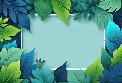 The primary subject of the image is a large, empty white frame with green leaves surrounding it. The setting is a leafy background, which adds a natural and vibrant touch to the scene. The visual style is a combination of a photo and digital art, creating a unique and eye-catching design. The colors and mood of the image are predominantly green, which gives it a fresh and lively atmosphere.