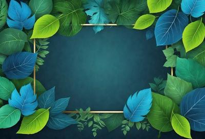 The primary subject of the image is a blue frame with a green background, featuring a variety of green leaves. The setting is a leafy background, and the visual style is a digital art or illustration. The colors and mood of the image are predominantly green, creating a serene and natural atmosphere.
