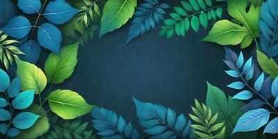 The primary subject of the image is a large, round, blue background with a variety of green leaves surrounding it. The leaves are arranged in a circular pattern, creating a visually appealing and natural scene. The setting appears to be a painting or digital artwork, as the leaves are depicted in a detailed and intricate manner. The overall atmosphere of the image is serene and calming, with the blue background and green leaves evoking a sense of tranquility and connection to nature.